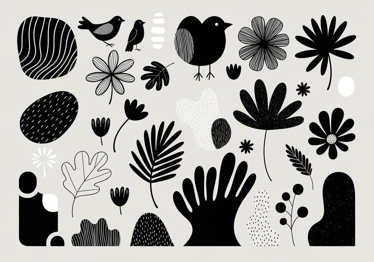 Monochromatic Organic Shapes with Leaves, Flowers, and Birds
