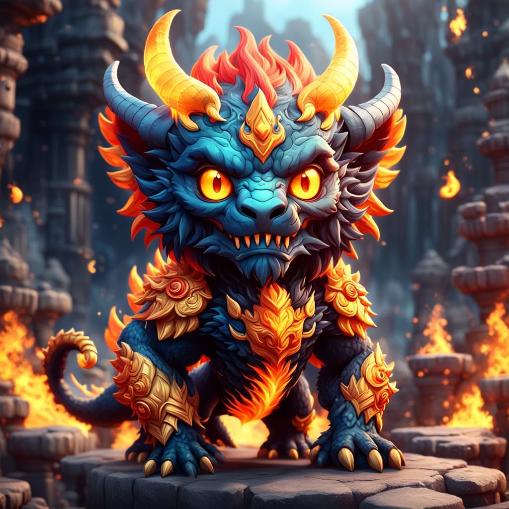 Detailed Chibi Fire Chimera Fantasy Art