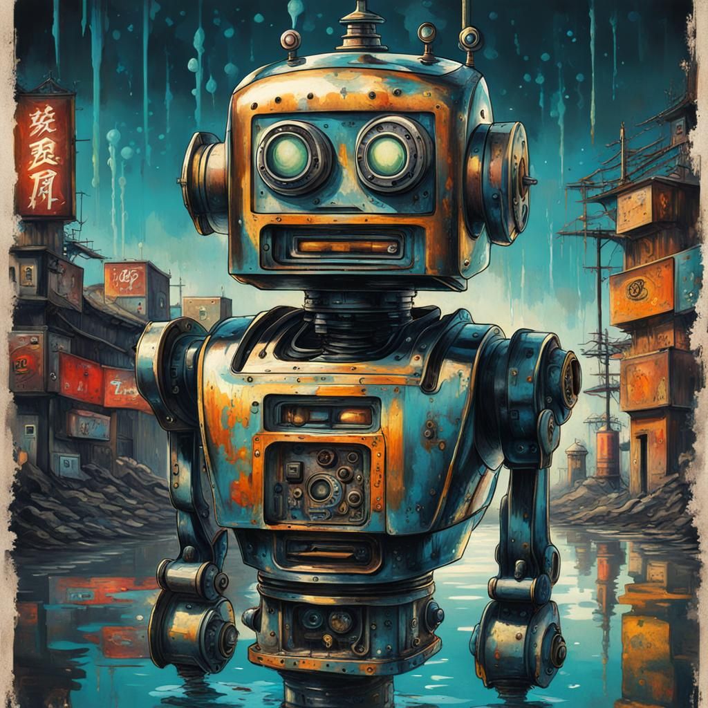 Robot Reflection: Vintage Steampunk Japanese Art