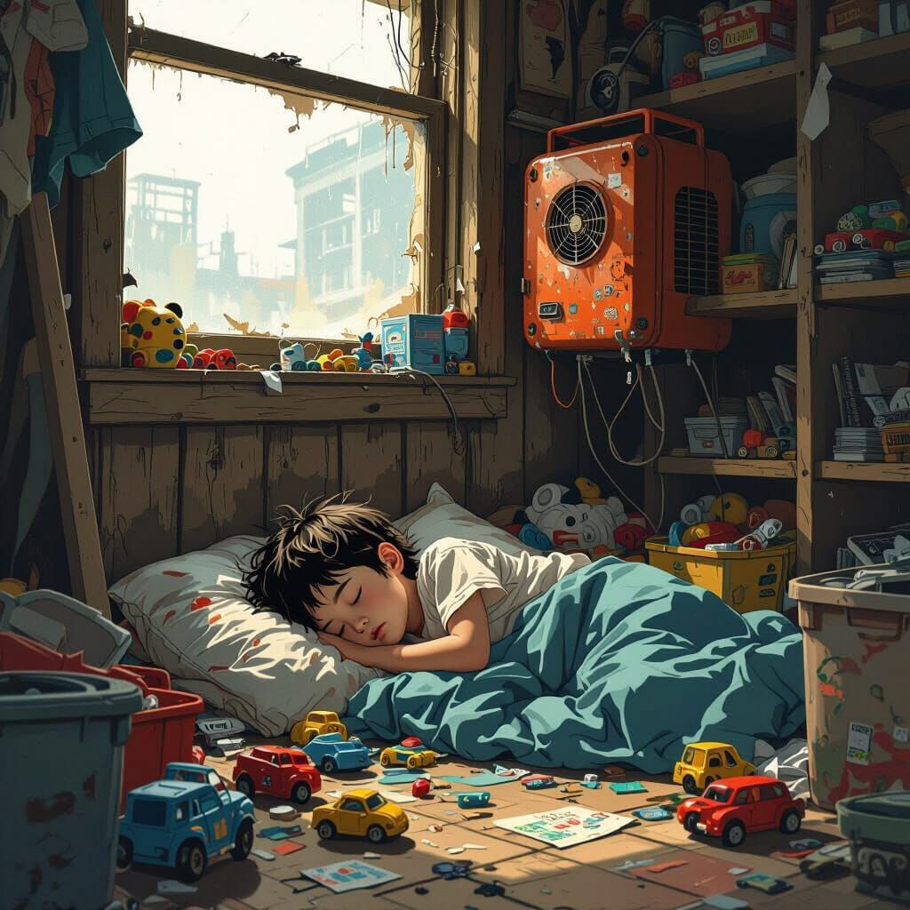 Child Sleeping in Storeroom, Pen and Ink Drawing