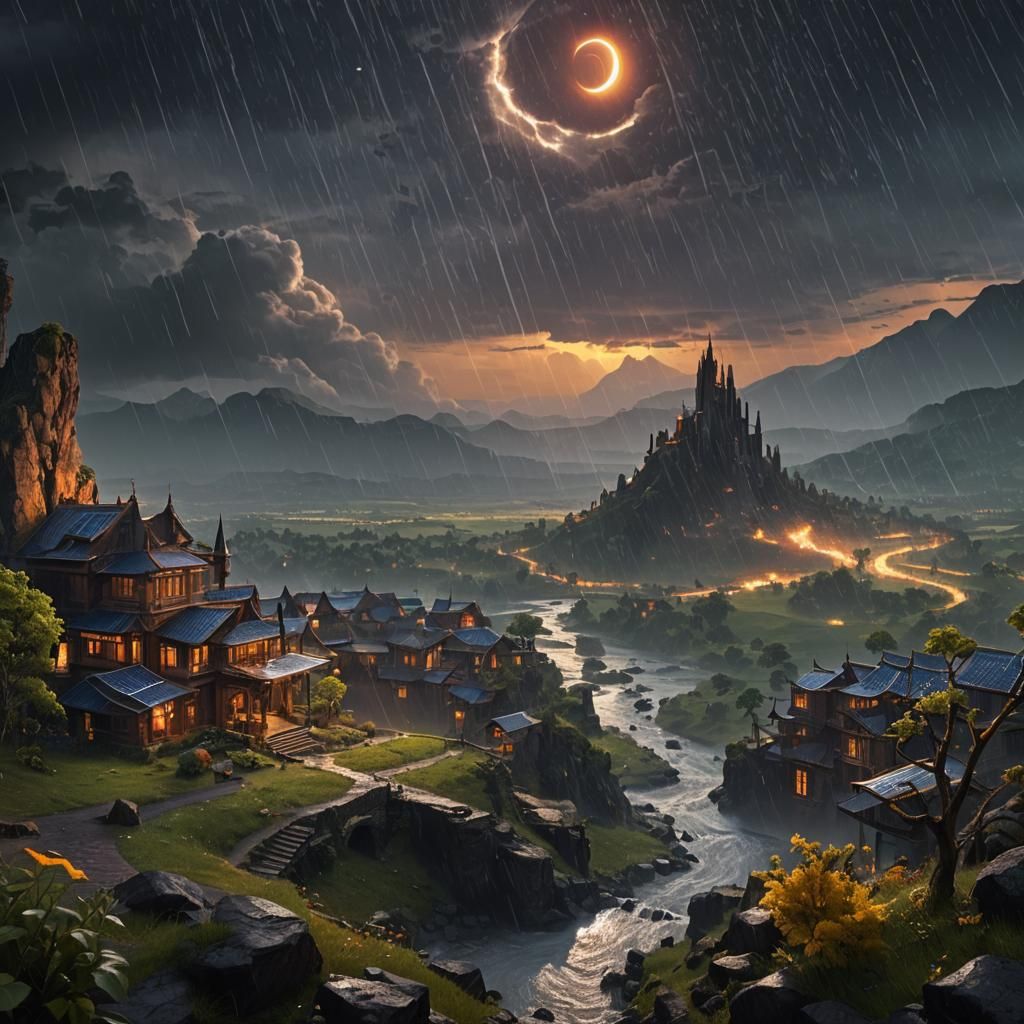 Rainy Solar Eclipse Landscape in Detailed Matte Style