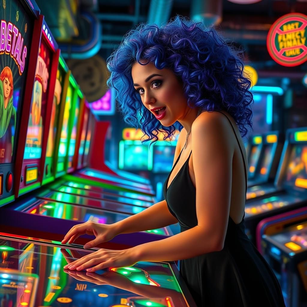 Woman in Cyberpunk Arcade with Neon Pinball Machines
