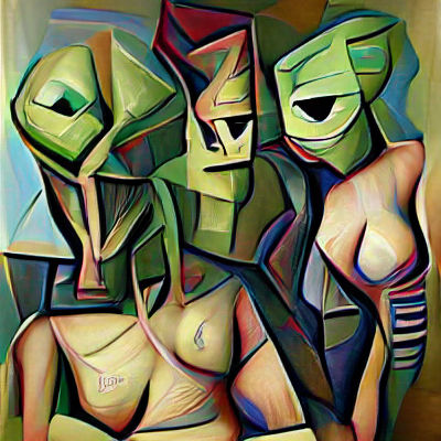 Abstract Cubist Painting of Alien Figures