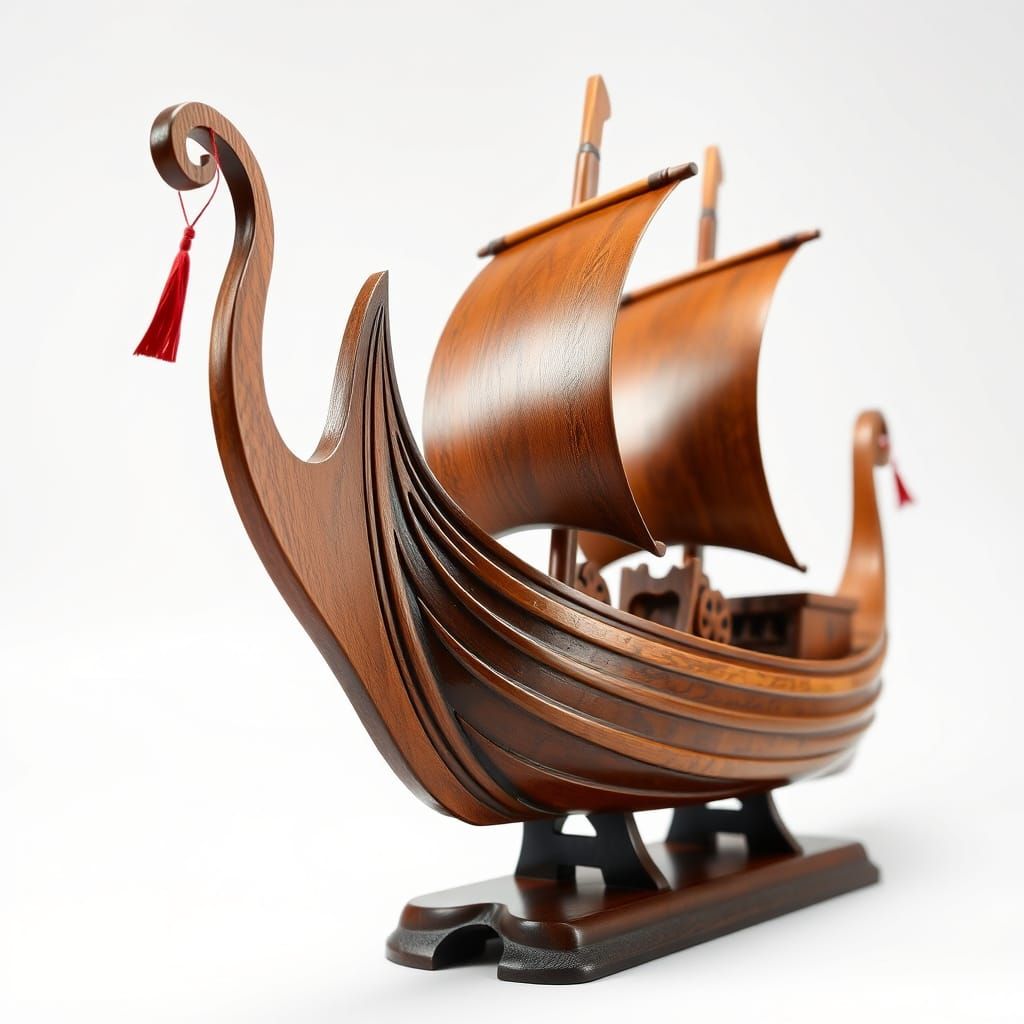 Polished Carved Wooden Viking Ship