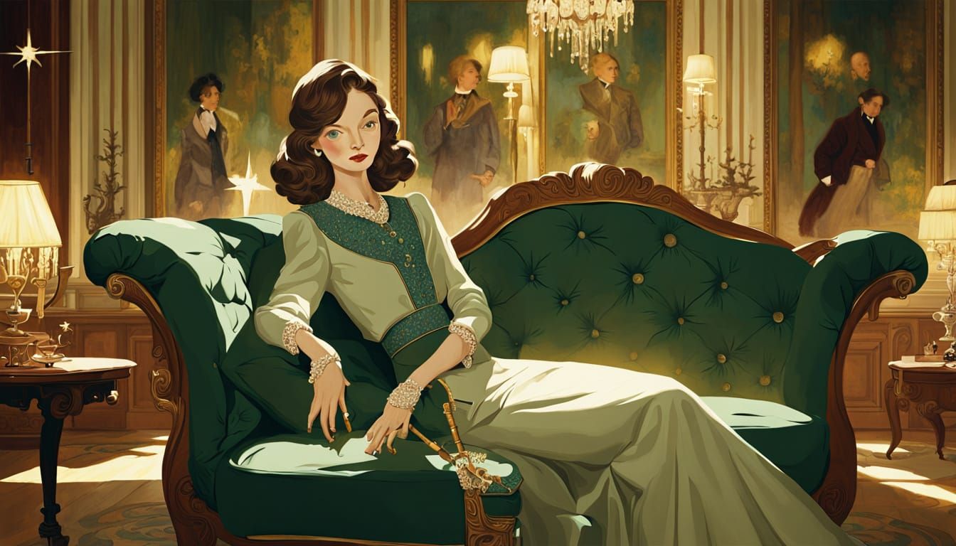 Elegant Woman in Vintage Parlour, Pre-Raphaelite Style