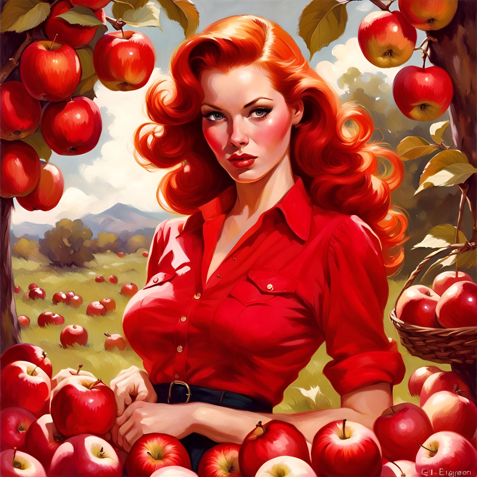 Red-Haired Beauty Surrounded by Apples in Pin-Up Style
