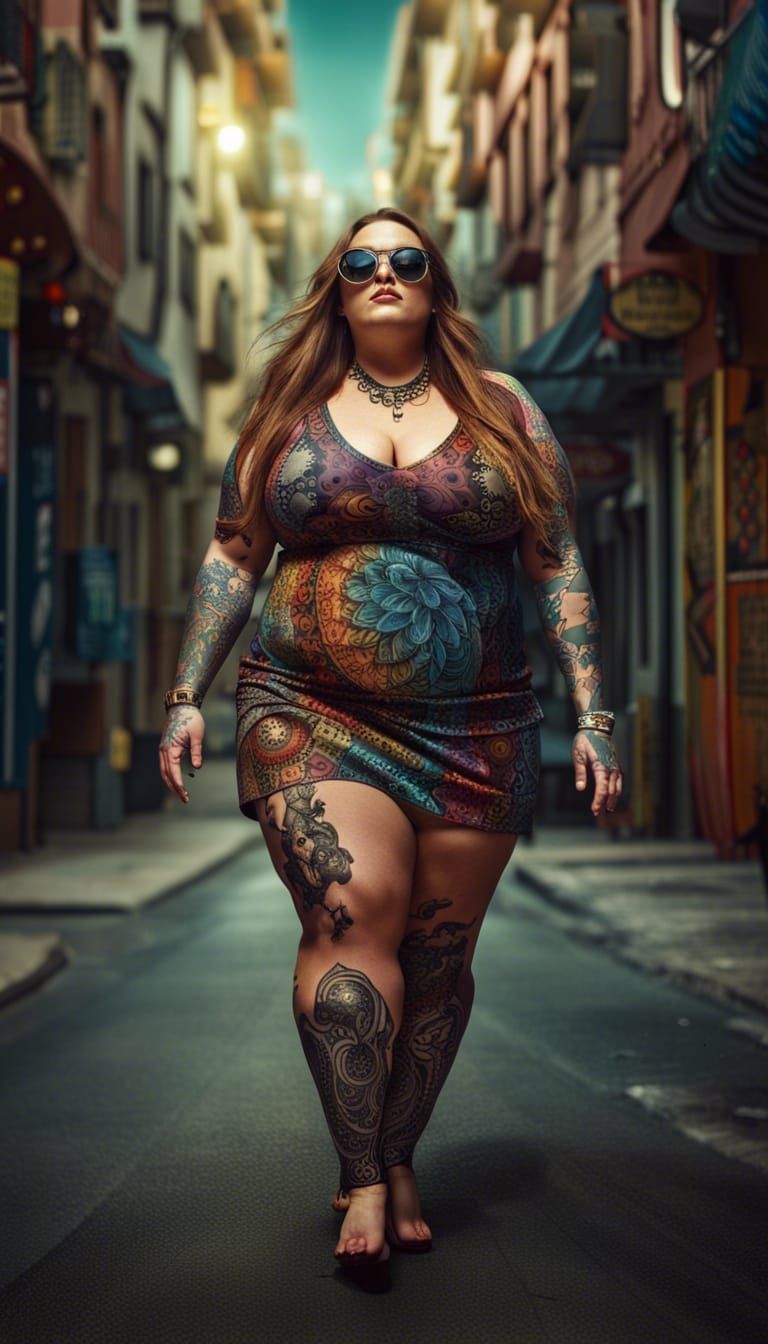 Tattooed Woman in Mini Dress, Digital Art