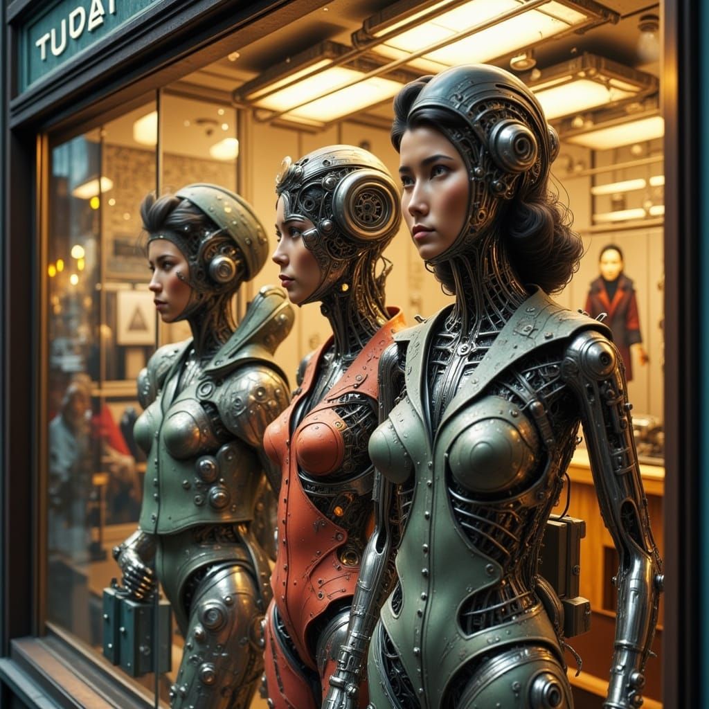 Cyborg Wife-Units in Vintage Storefront, Futuristic Nostalgi...