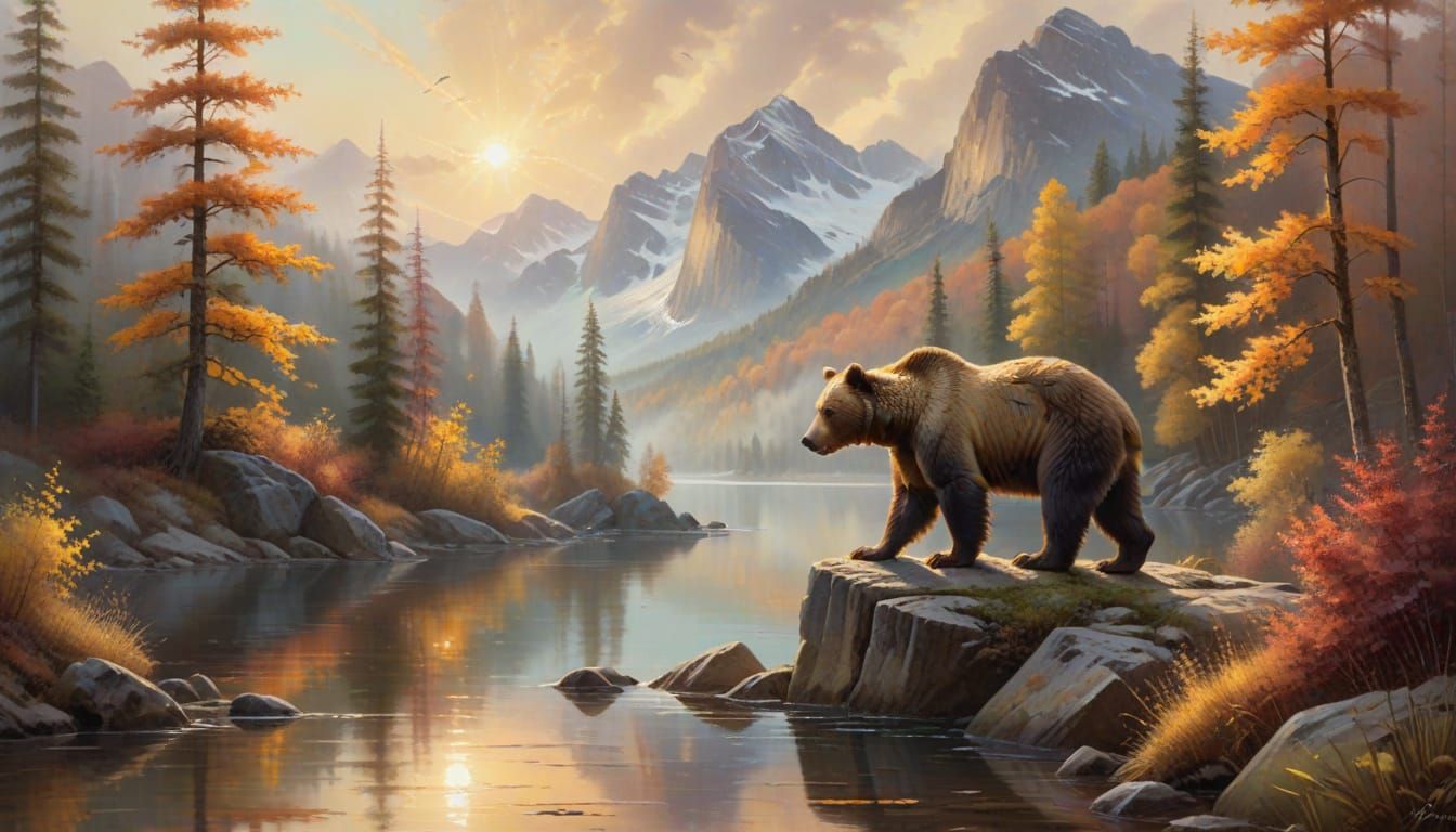 Autumnal Majesty: Brown Bear in Serene Landscape