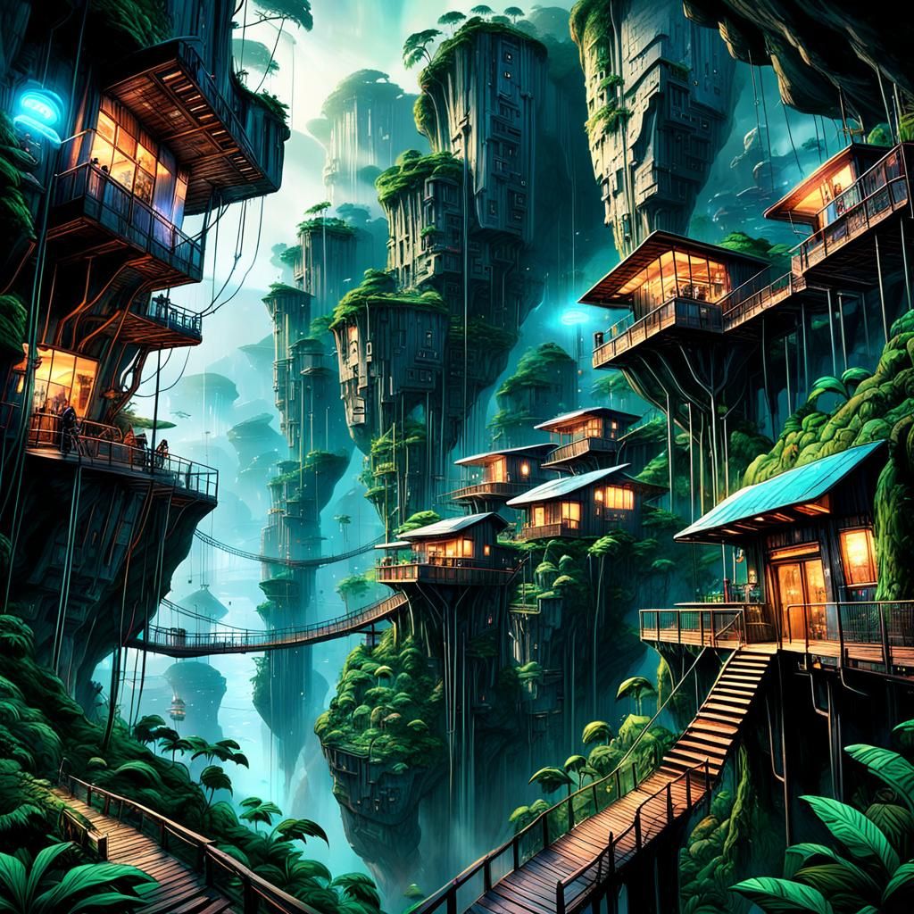 Futuristic Rainforest Village with Neon Lighting, Sci-Fi Art