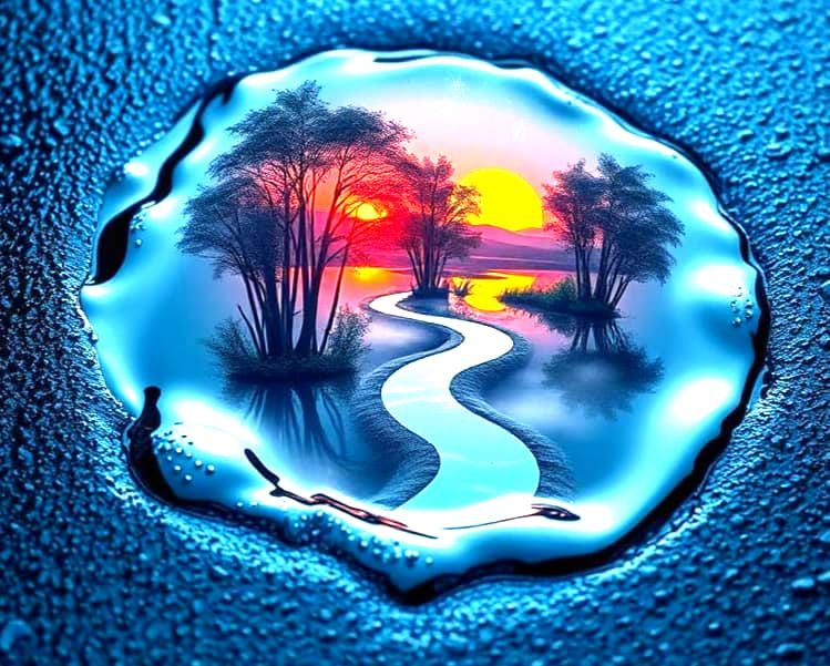 Holographic Sunset on Wet Blue Asphalt with Misty Path