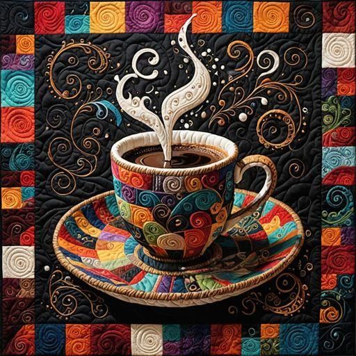 Quilted Coffee Cup with Cosmic Steam in 3D Feltwork Art