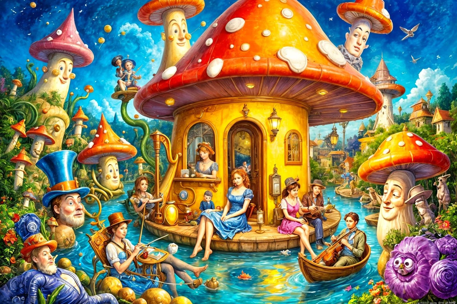 Fantasy Beings Relaxing Above Blue River in Oil Paint Style