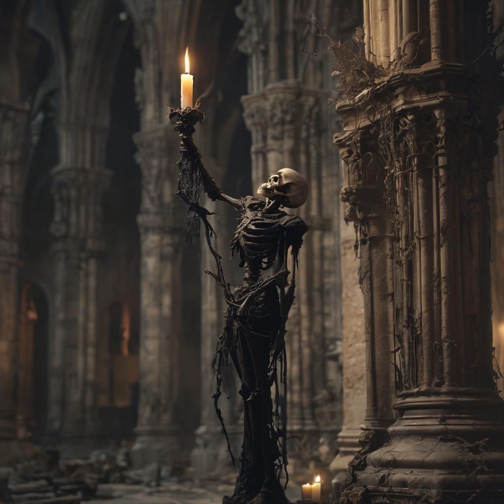 Gothic Figurine with Candle-Lit Skull in Abandoned Cathedral