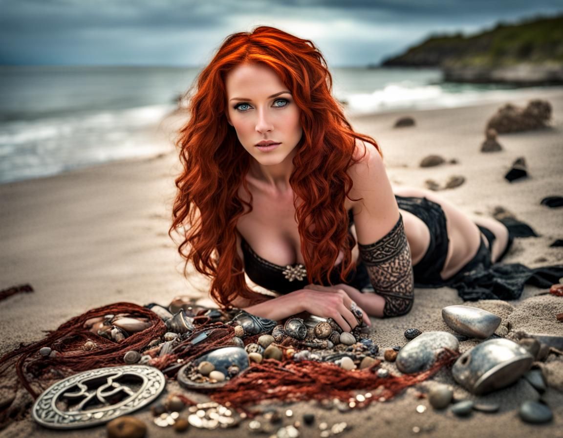 Celtic Woman on Beach with Treasures: Hyperrealistic Photogr...