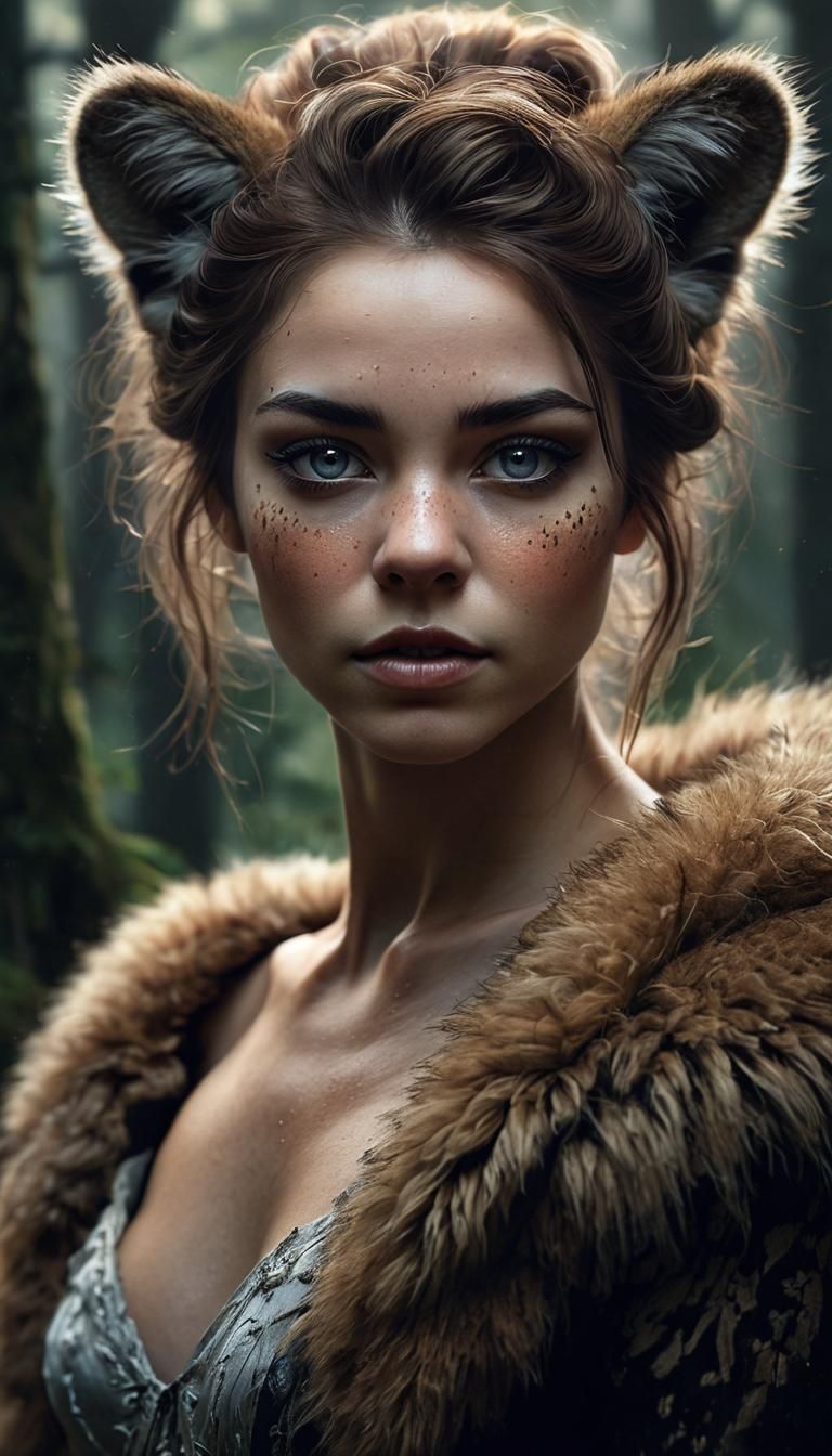 A portrait of a woman who is part animal, with realistic and...