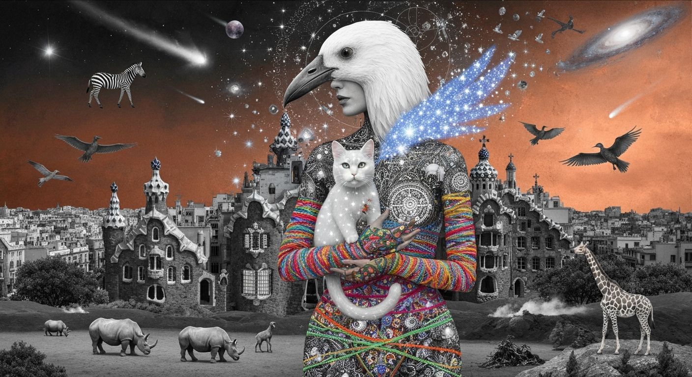 Ethereal Woman with Bird Head in Gaudí Cityscape