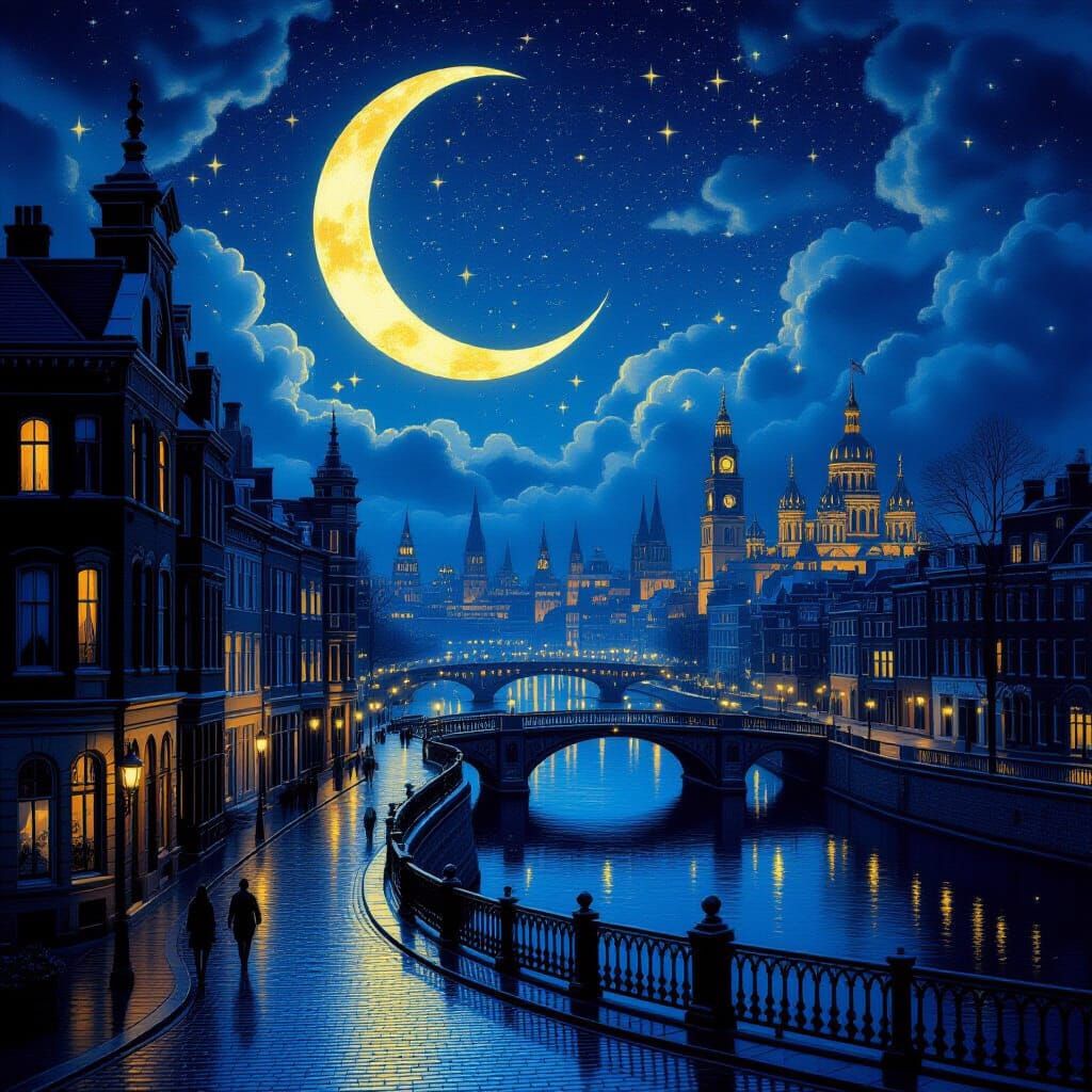 Romantic Crescent Moon Over Oldfashioned City