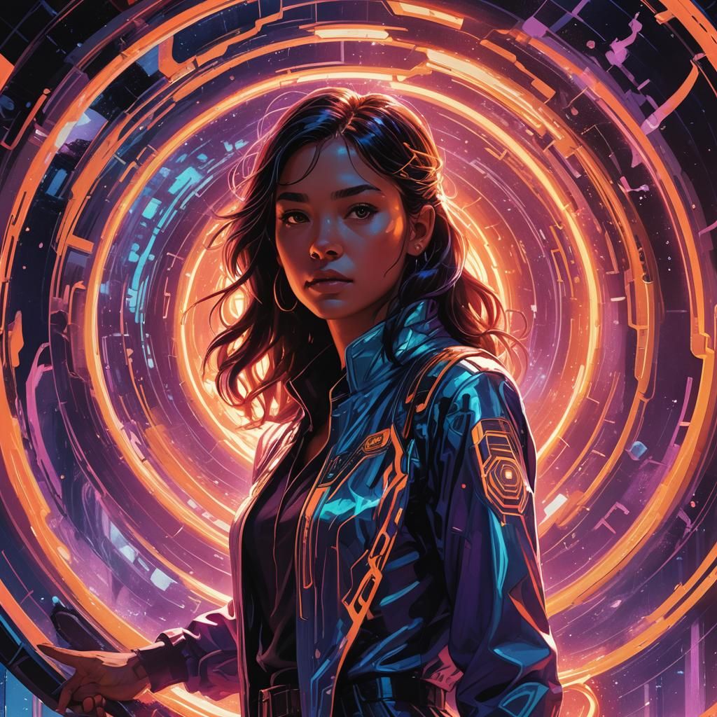 Sci-Fi Portal with Figure in Neon Style