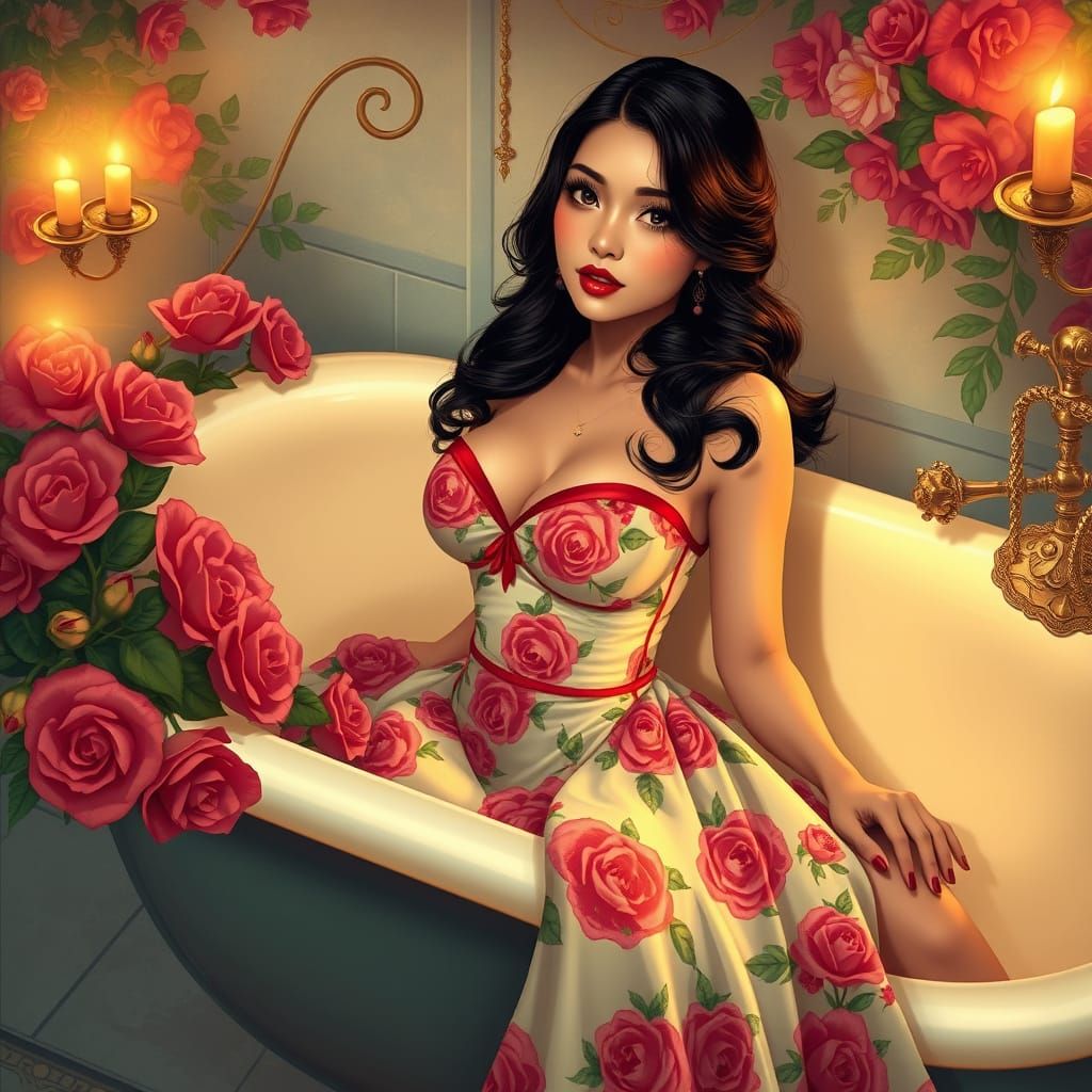 Elegant Asian Latino Pin-Up in Whimsical Bath Setting, Inspi...