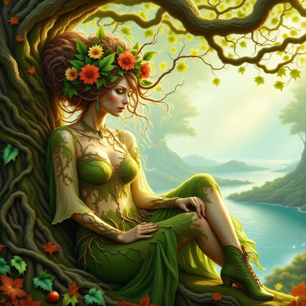 Ethereal Dryad Woman by the Sea in Sunlight