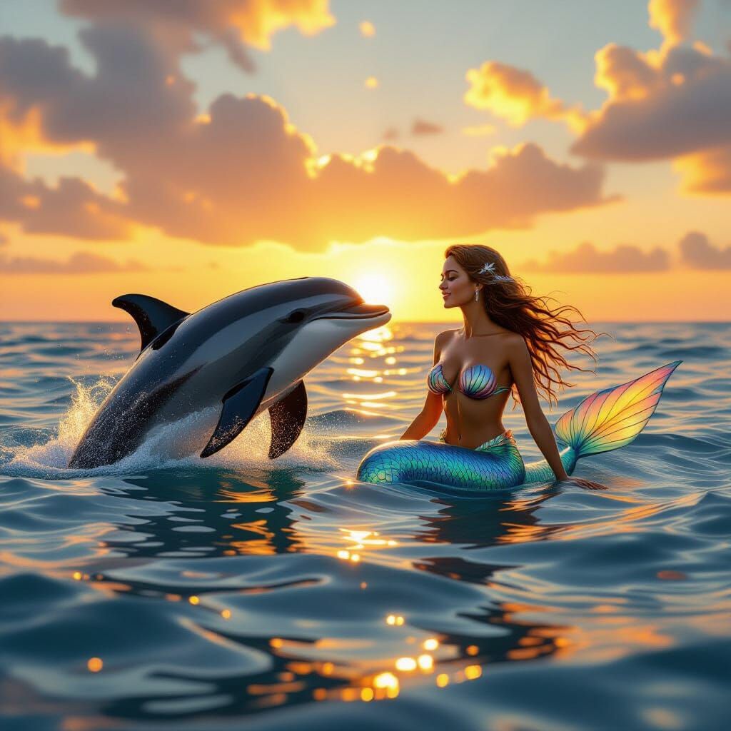 Mermaid and Dolphin in Sunset Ocean, Photorealistic Art