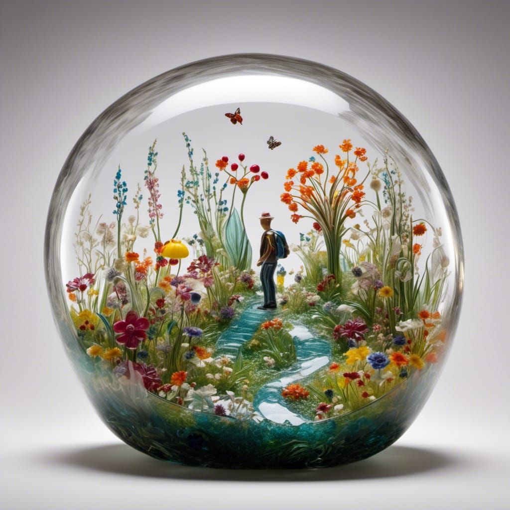 Glass Bubble Sculpture with Colorful Miniature Garden