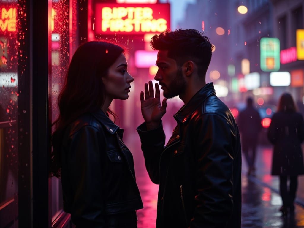 Intimate Rainy Night Encounter Under Neon Glow