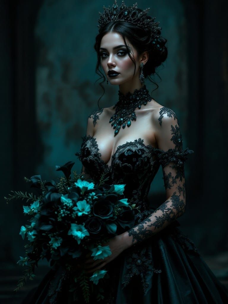 Ethereal Gothic Bride in Black and Turquoise Wedding Attire