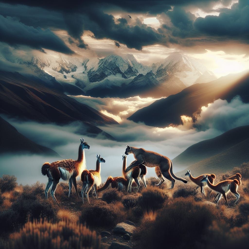 Mountain Lion Stalks Guanacos in Majestic Andean Landscape