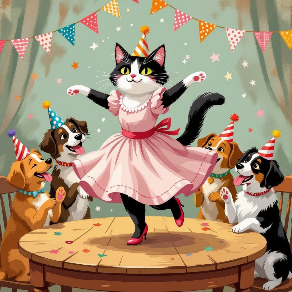 Whimsical Cat Dance, Dogs Applauding, Storybook Style