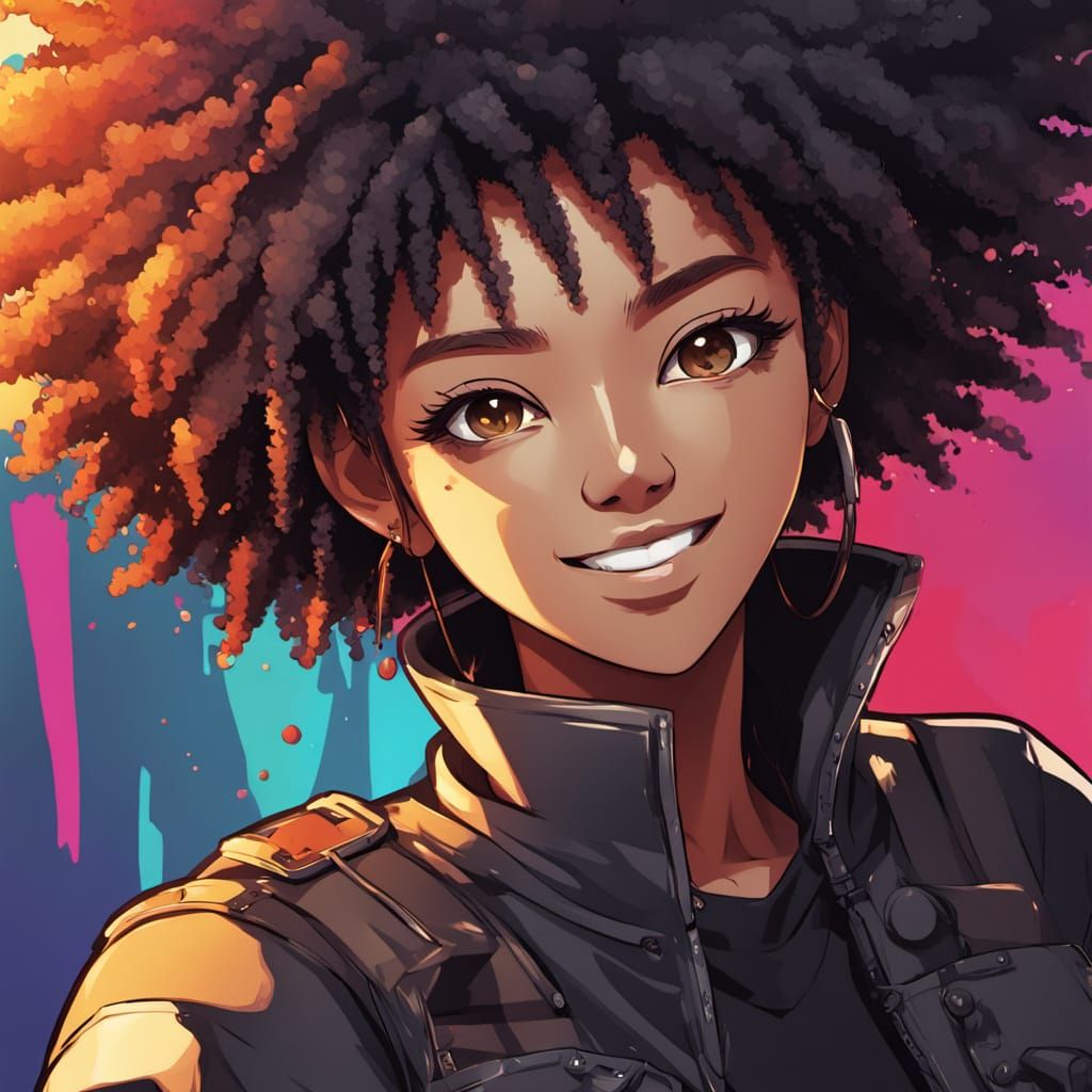 Blasian Anime Teenage Girl with Vibrant Afro