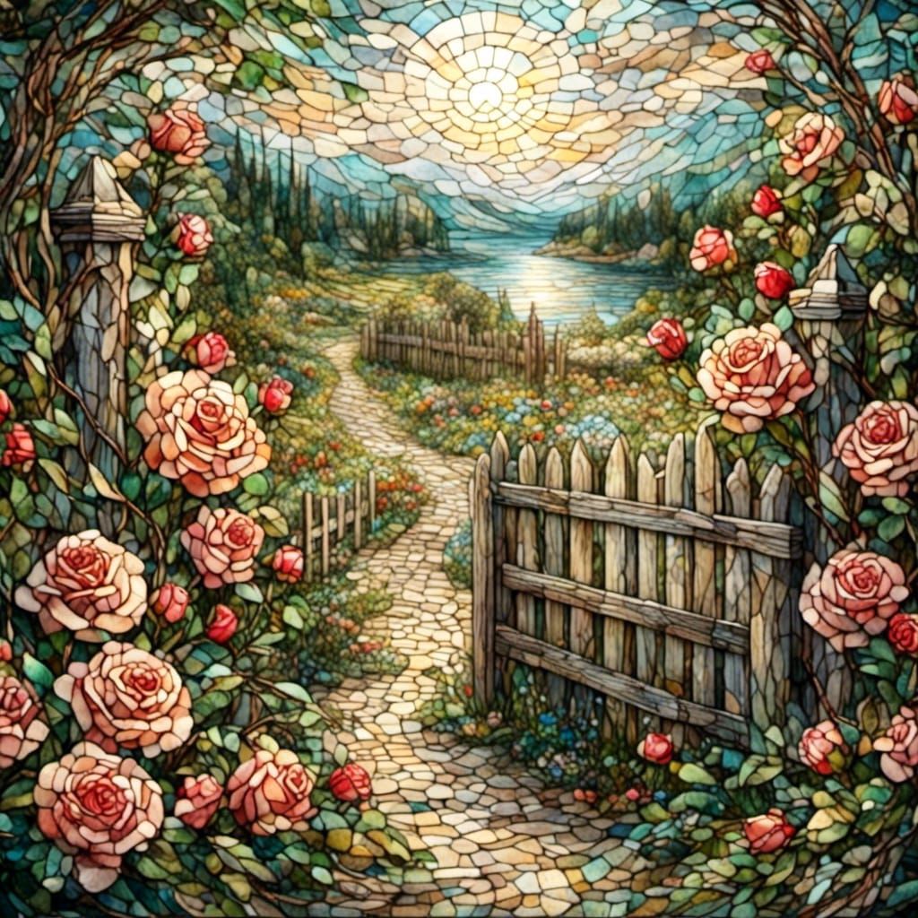 Stained Glass Mosaic of Rose-Covered Fence