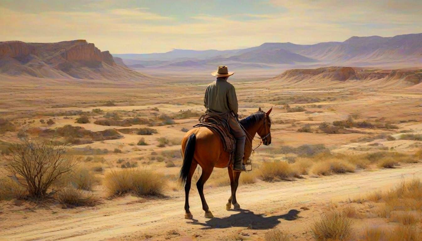 Whimsical Desert Landscape with Cowboy on Horseback