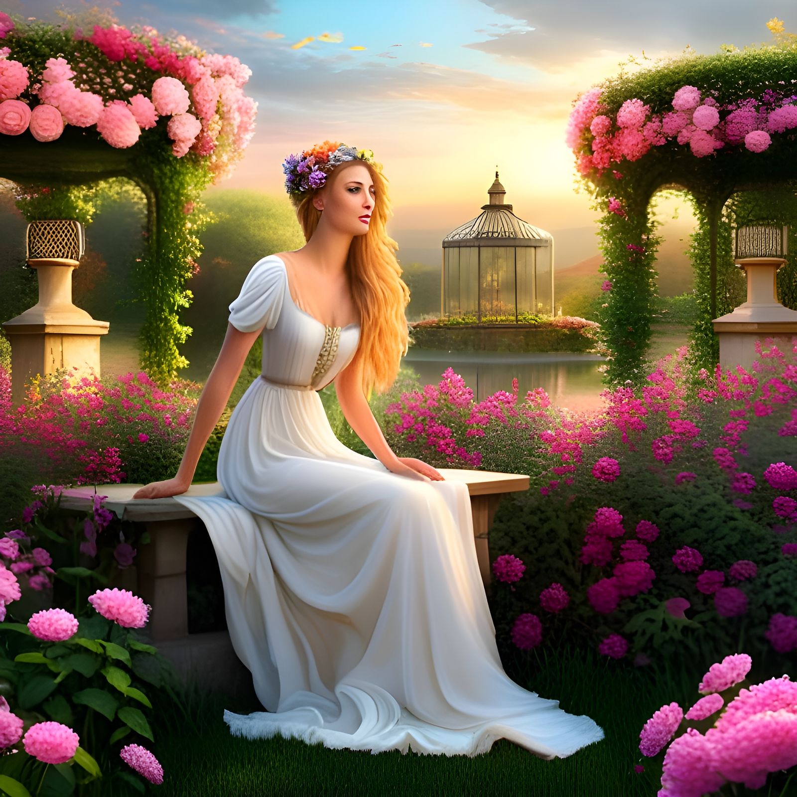 Garden Nymph in a Beautiful Floral Landscape