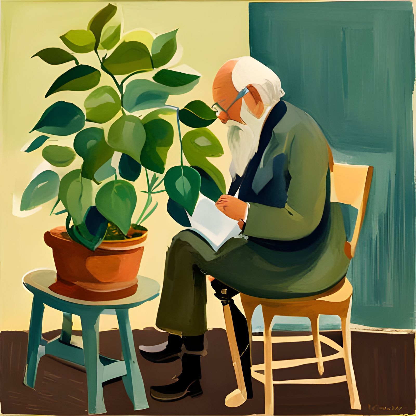 Impressionist Old Man with Plant in Gouache Style