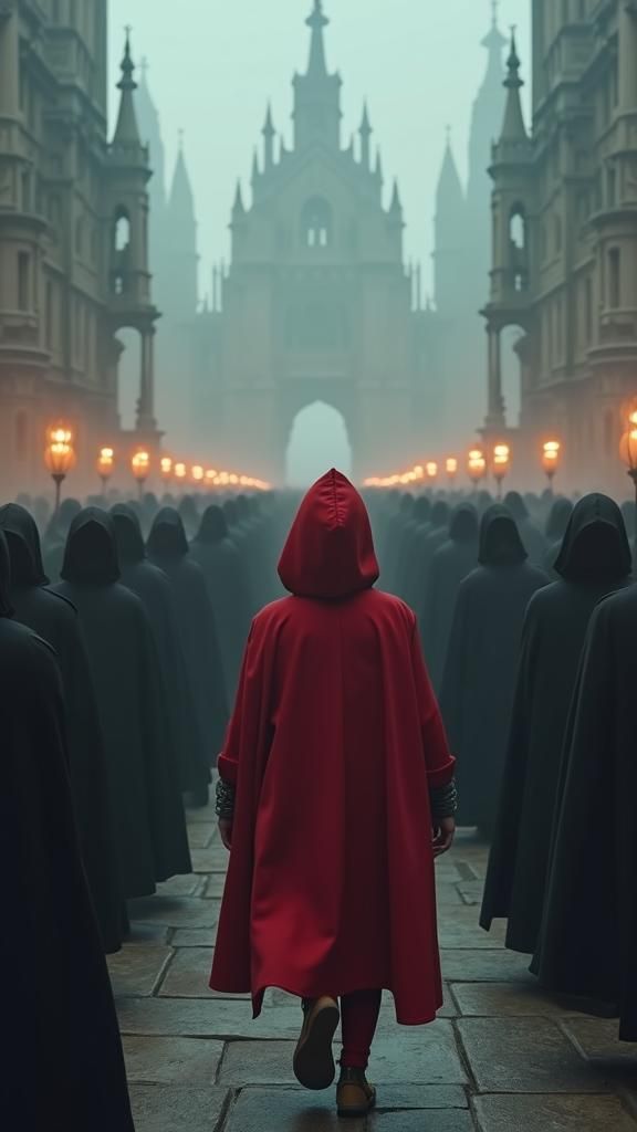 Boy in Red Cloak Walks Against Dark Crowd