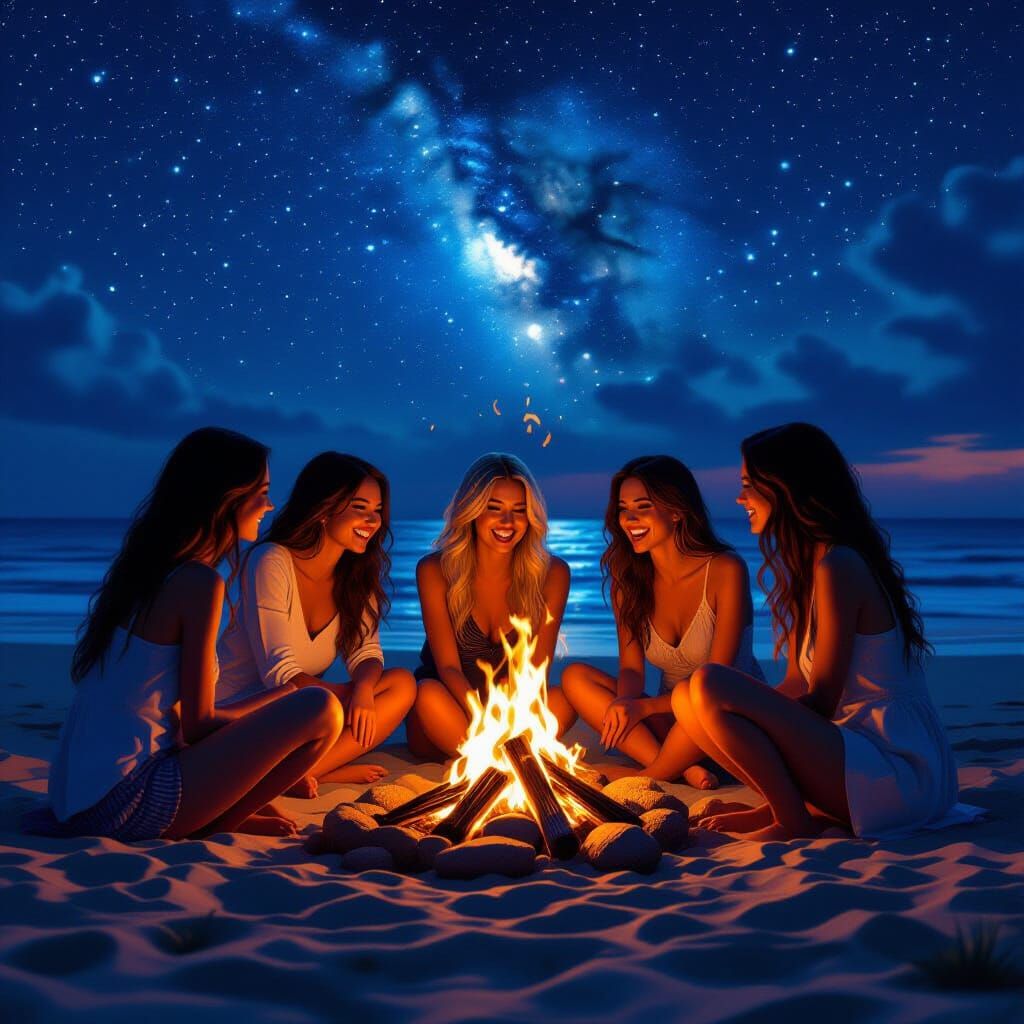 Friends Gathered Around Bonfire on Starry Beach