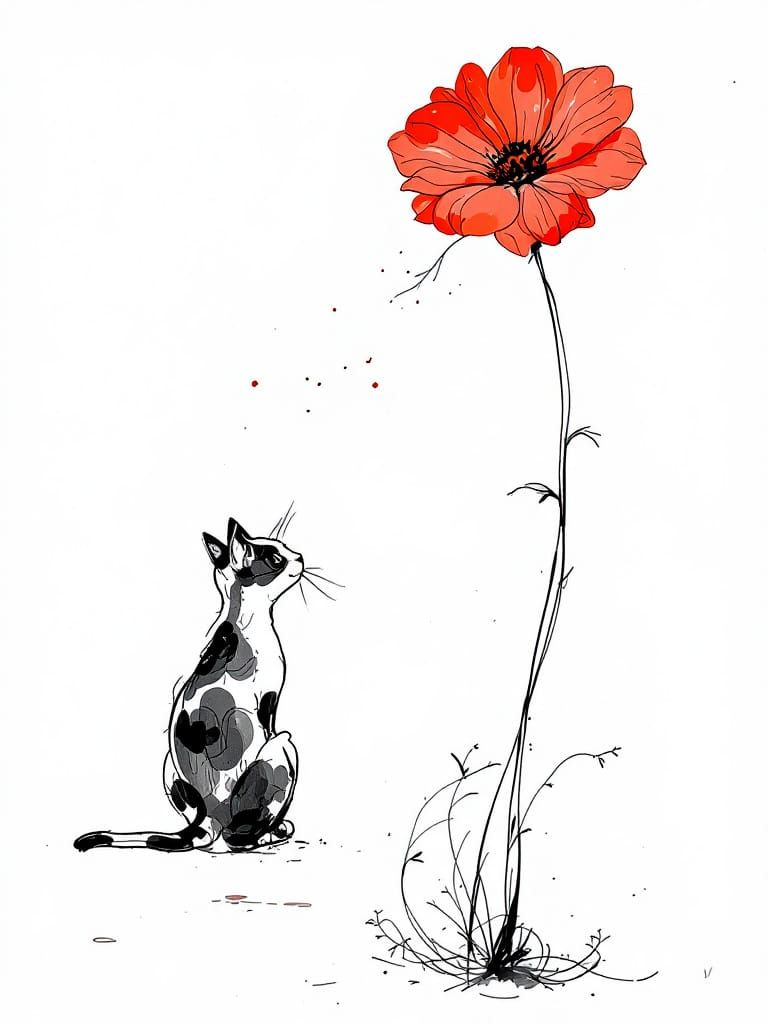 Expressive Line Art Fusion of Cat and Flower