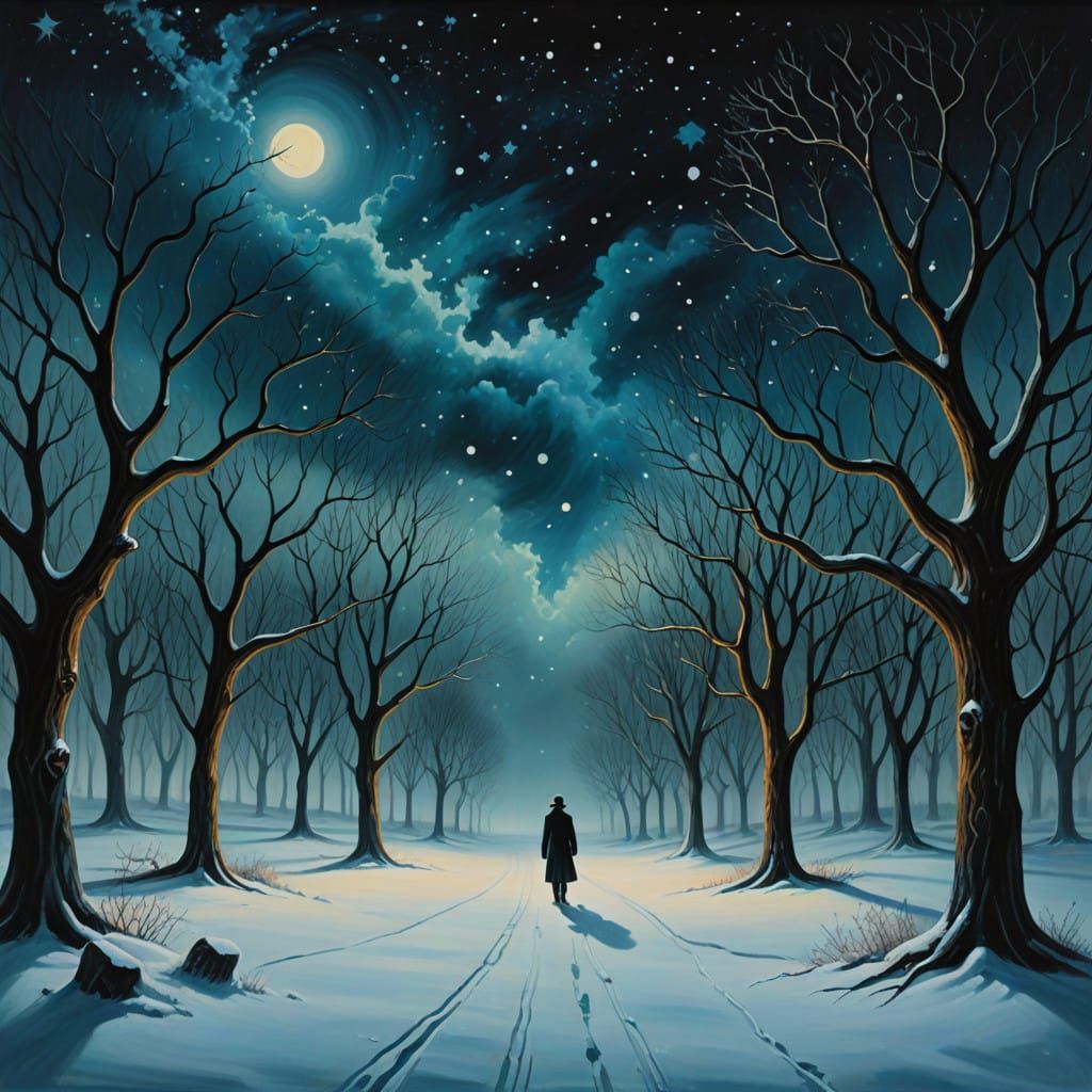 Surreal Winter Scene with Shimmering Stars and Melting Forms