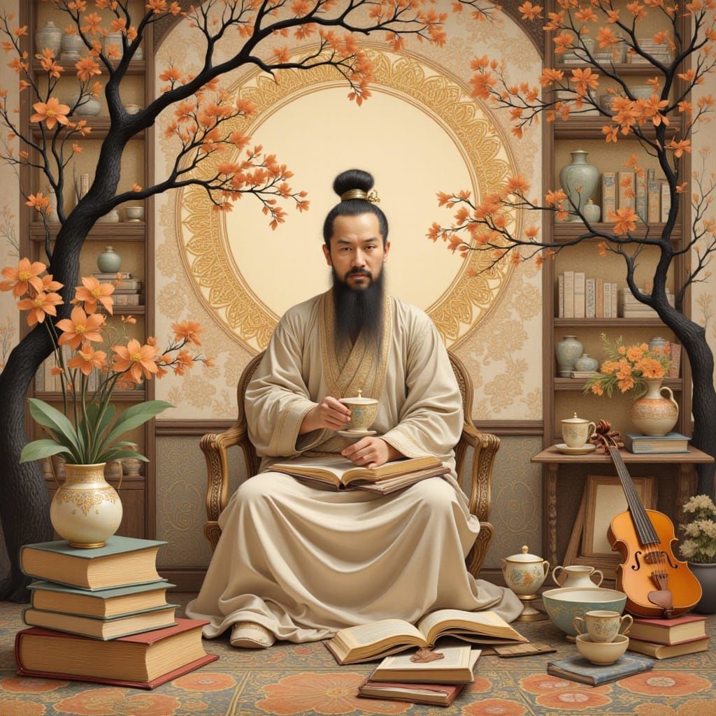 Chinese Scholar in Tea House, Ink Painting Style
