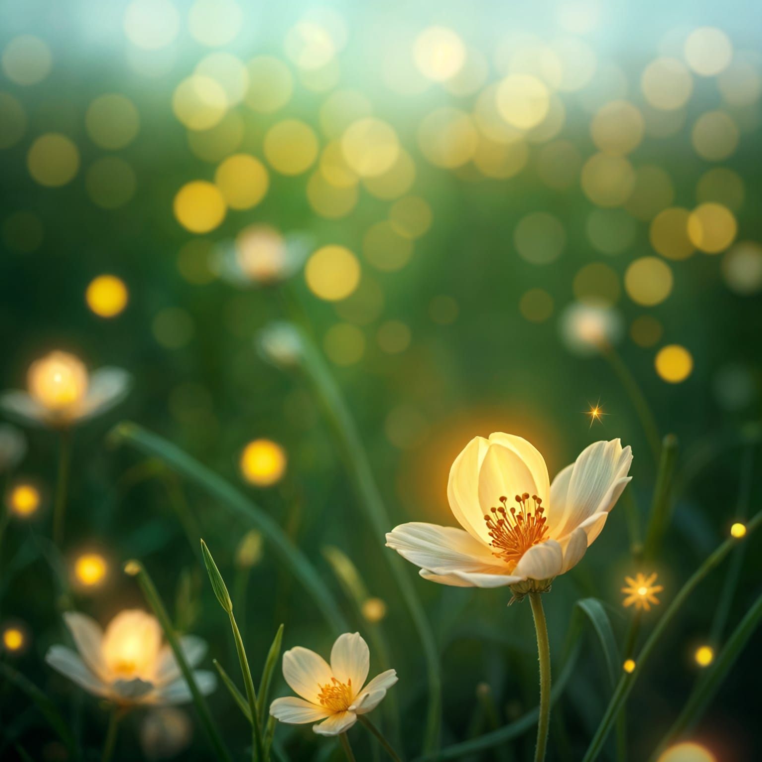 Glowing Sparkles Surround a Vibrant Floral Scene