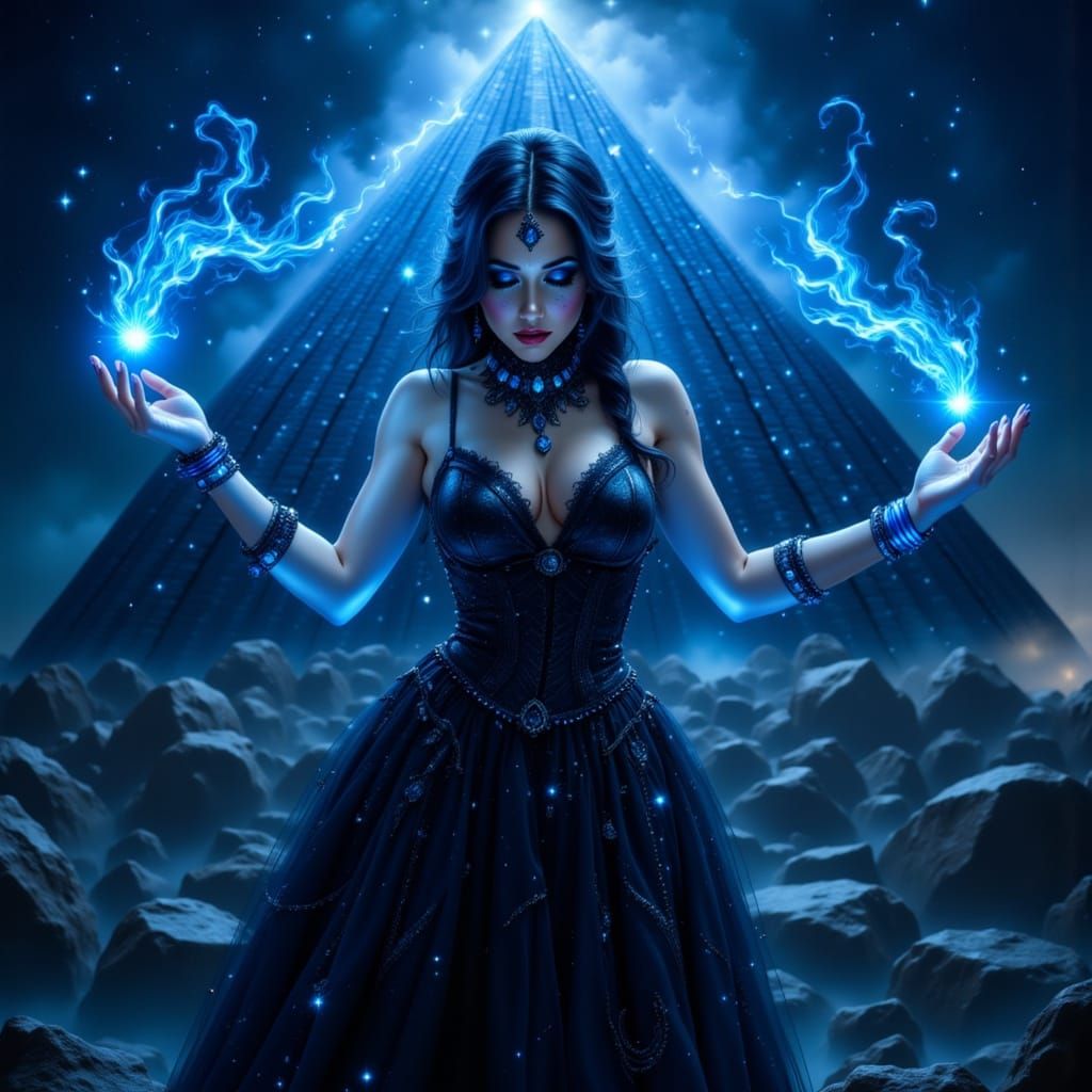 Enchantress Summons Blue Lights Before Black Pyramid