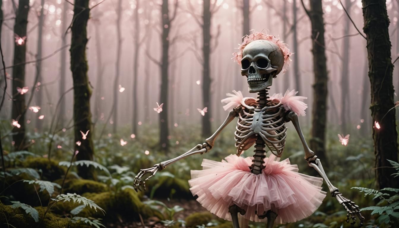 Skeleton in Tutu Dances in Enchanted Forest