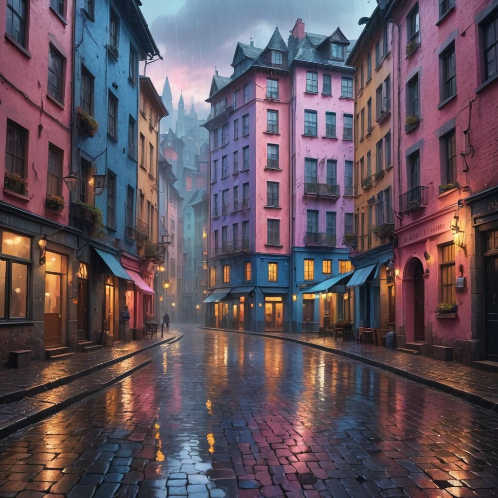 Colorful Rainy Street Scene in Matte Painting Style