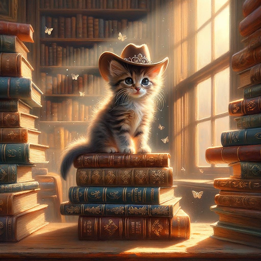 Kitten in Cowboy Hat on Books, Classical Oil Painting Style