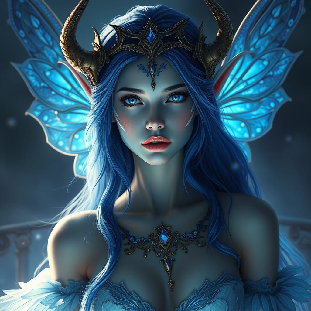 Elegant Blue Elf Fairy Woman in Digital Painting