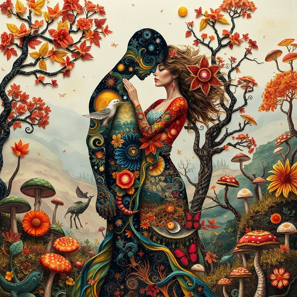 Ethereal Paper Collage: Entwined Figures in Autumnal Mindsca...