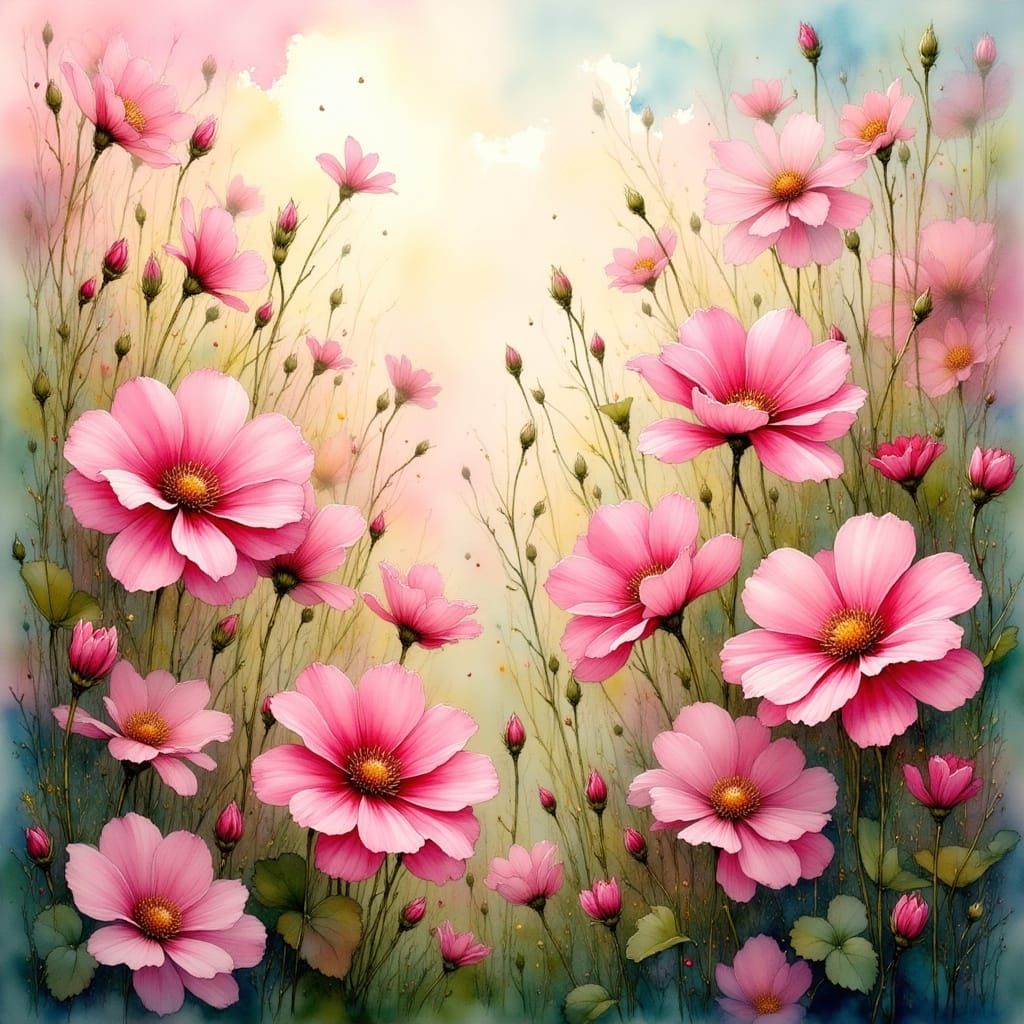 Pink Flowers in Meadow, Whimsical Art Style