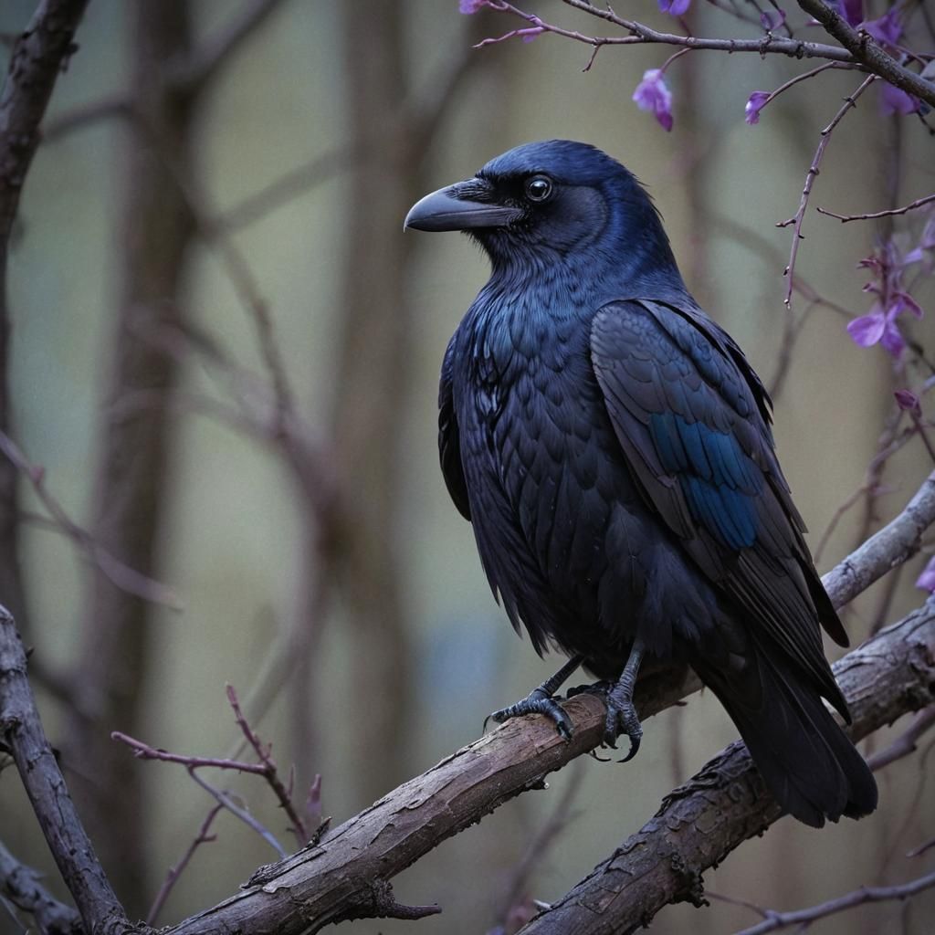 Cinematic Raven Perched on Branch in Soft Light